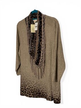 Alia Taupe Leopard-Trim Cowl Neck Sweater